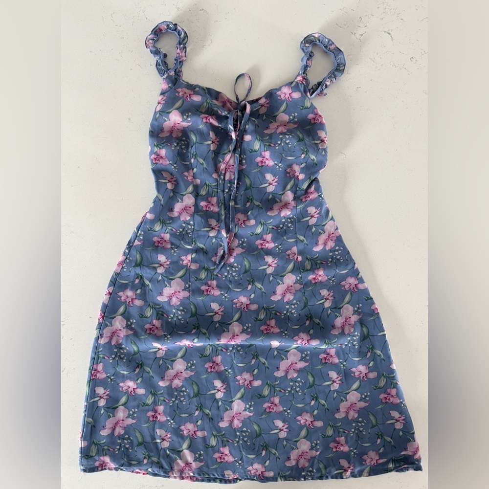 Nasty Gal Blue Floral Smocked Slip Dress with Pink Accents
